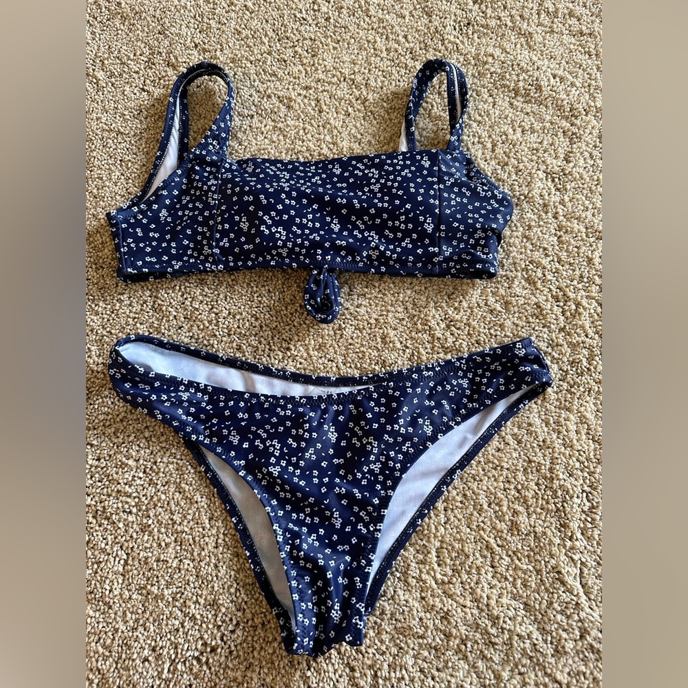 Shein bikini, navy blue with white flowers, size small